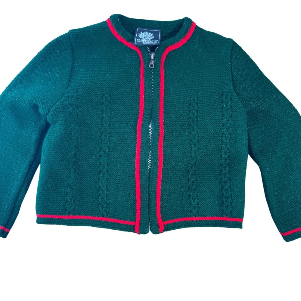 Vintage‎ Silber Distel Trachten Zip Up Sweater Kids Green Red Trim Alpine Folk